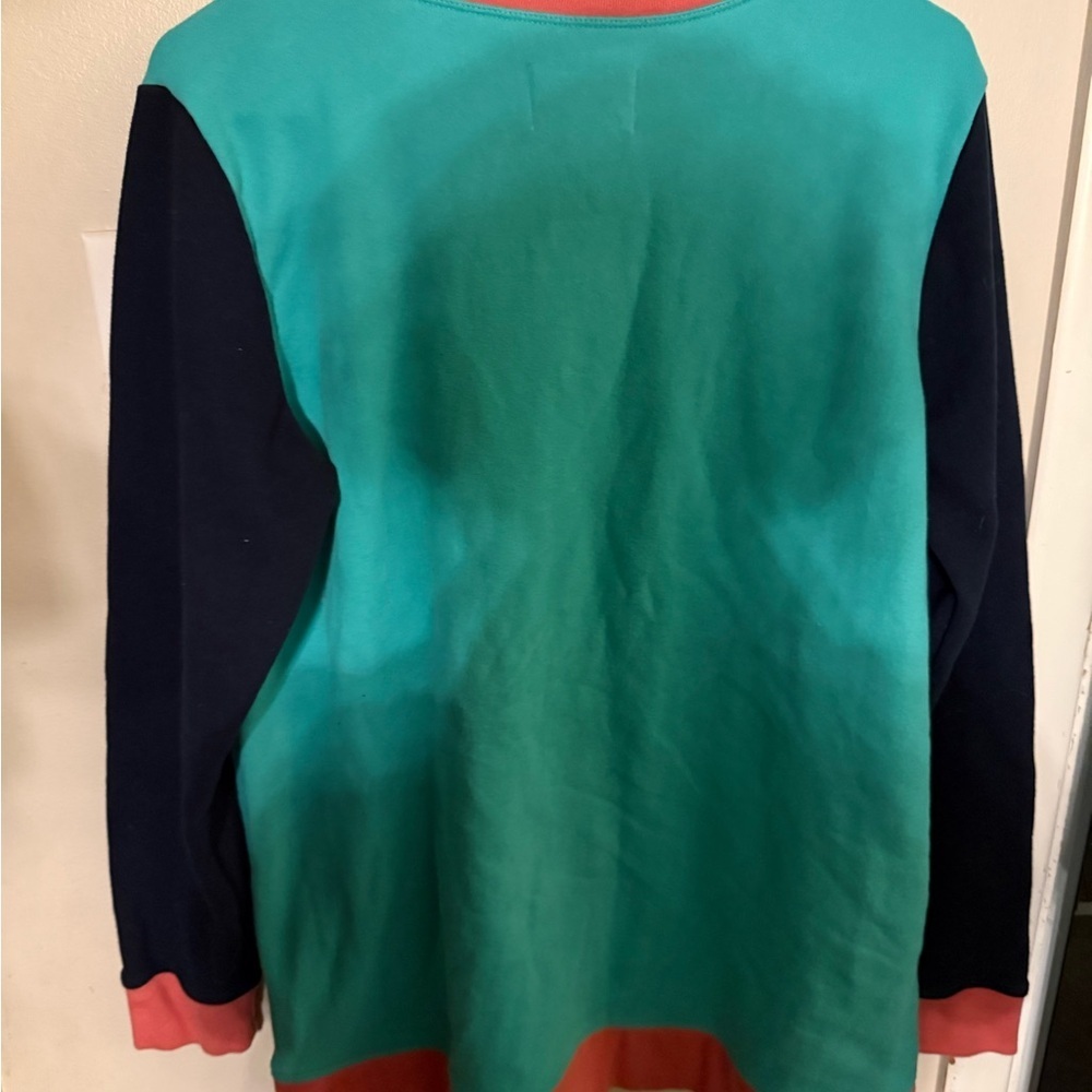 Lands' End Turquoise and Coral Sweatshirt with Navy Sleeves - Picture 2 of 2